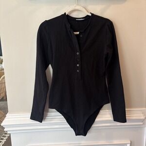 Reformation Jeans Nisa Knit Henley Bodysuit Black Women's M Long Sleeve Classic